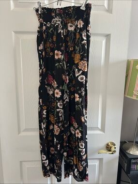 Black Floral Smocked Waist Wide-Leg Pants